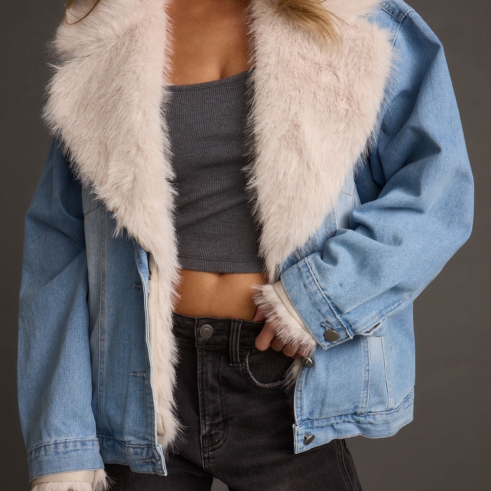 12th Tribe Rylee Denim Jacket with Faux Fur Trim Size XLXL